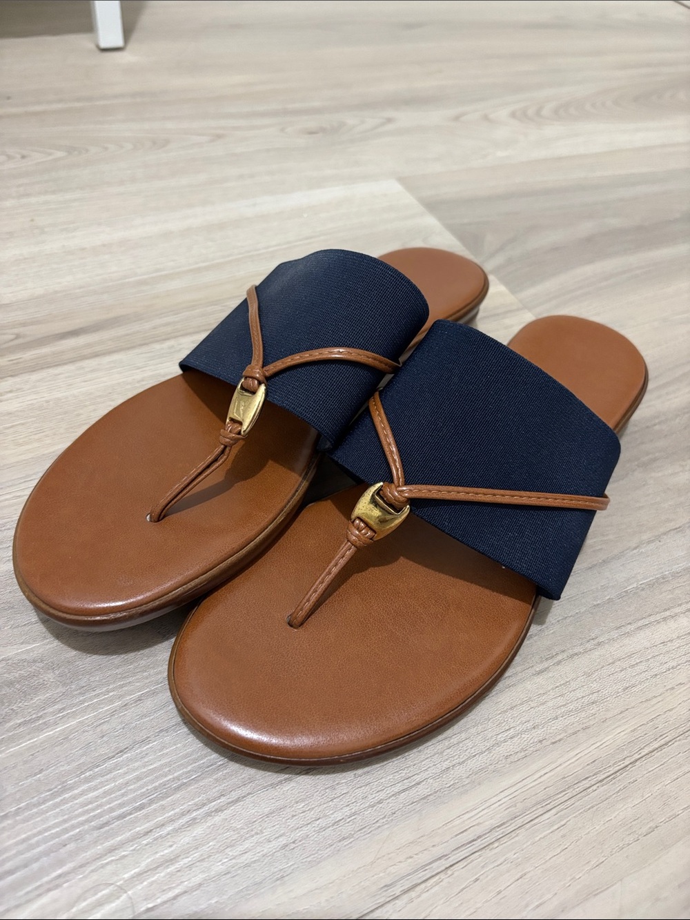 Italian Shoemakers Navy and Brown Slide Sandals with Gold Accent